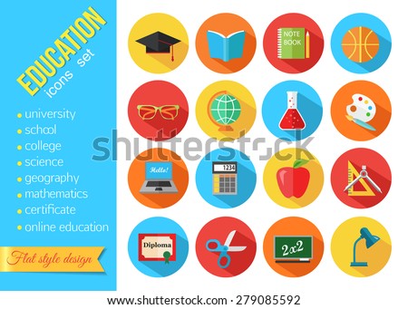 Set of flat school and education icons set. Vector illustration.