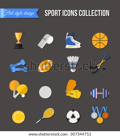 Set of winter and summer sport isolated icons. Hockey-stick, baseball, volleyball, badminton, rugby. Flat style design. Vector illustrations.