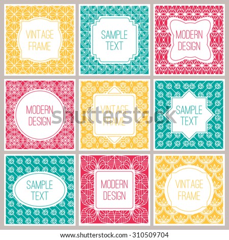 Set of graphic design frames for logo and badges. Abstract outline patterns.