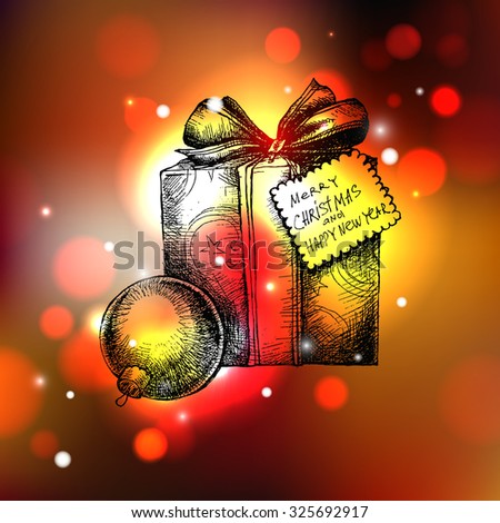 Merry Christmas shining greeting card with hand drawn sketch gift box and christmas tree toy Vector illustration Merry Christmas shining greeting card with hand drawn sketch gift box and christmas tree toy Vector illustration