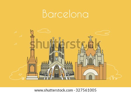 Barcelona City travel vector background. Trendy outline style Barcelona attraction. Detailed skyline silhouette.