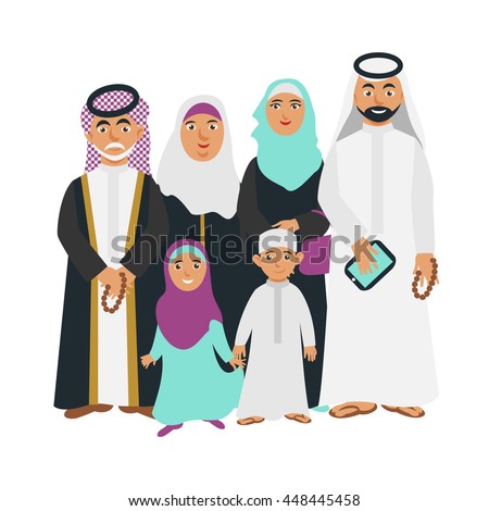 Selfie happy muslim arabic family members isolated on white background. Arab cartoon people father with gadget, mother, son, daughter, grandmother and grandfather. Vector eps 10 format.