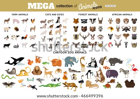 Huge collection of funny cartoon animals, birds, pets, farm, and sea creatures. African, arctic, tropical wild animals. Vector avatars and flat icons animals isolated on white background.