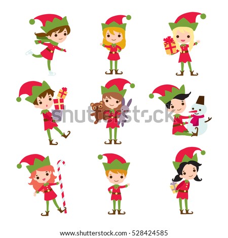 Set of elves kids cartoon character. Vector icons isolated on white background.