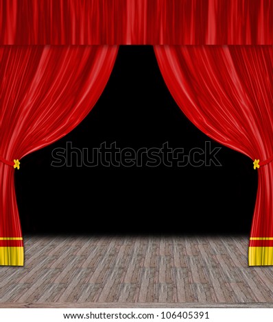 Curtain of a theater with spot lights directed to the stage center