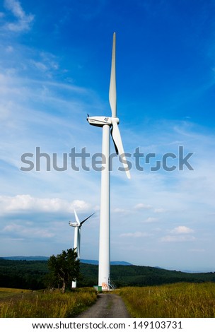 Wind power plant in Czech republic with blue sky