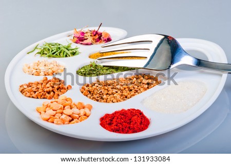 The palette of spices and groceries with a fork