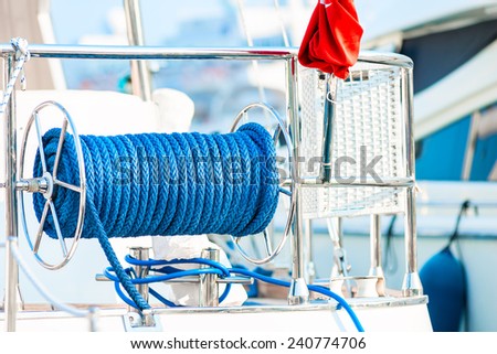 cable reel with a rope on the deck of the ship