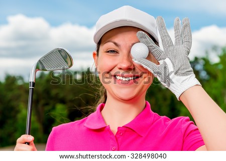 comic portrait of a beautiful girl with a ball and putter