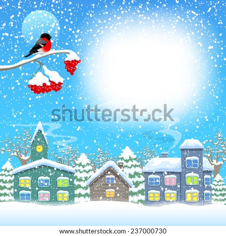 Bullfinches and town in winter Template for Christmas card with place for your text Vector Bullfinches and town in winter Template for Christmas card with place for your text Vector
