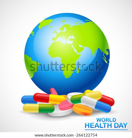 easy to edit vector illustration of medical pills around Earth showing World\'s Health Day