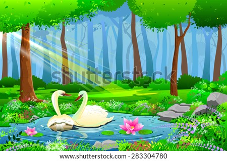 easy to edit vector illustration of Swan on Lake Natural  landscape