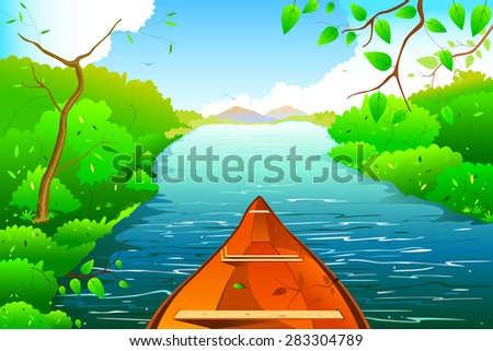 easy to edit vector illustration of boat on river landscape