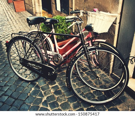 Two Classic Vintage Retro City Bicycles, Retro Tinted Photo, Rome, Italy