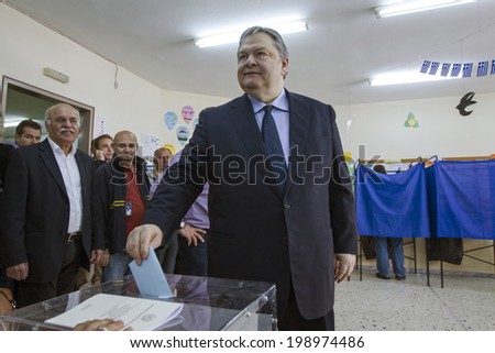 THESSALONIKI, GREECE - MAY 25, 2014: Evangelos Venizelos, vice president of the Greek Government, votes for the Euro Elections and the Municipal elections in Thessaloniki.