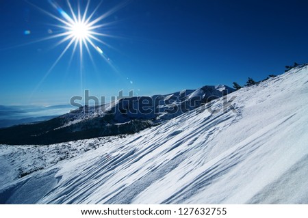 Wintry landscape, Blue sky, snow capped hills