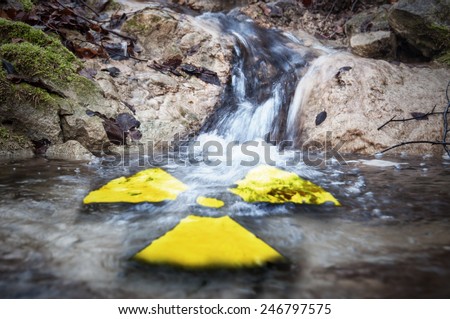 Radioactive symbol in river flow.
