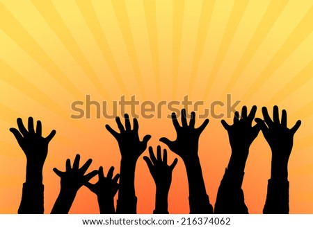 Hands up silhouettes of cheering crowd, fans at a concert