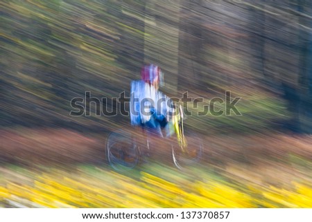 Mountain biking in a park - Young biker on a park biking trail going fast (motion blurred image)