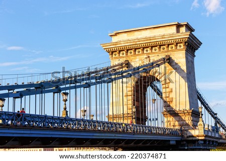 HUNGARY, BUDAPEST - JULY 23: Chain bridge is a suspension bridge that spans the River Danube between Buda and Pest on July 23, 2014 in Budapest.