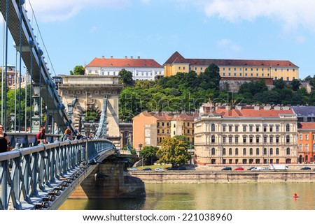 HUNGARY, BUDAPEST - JULY 24: Chain bridge is a suspension bridge that spans the River Danube between Buda and Pest on July 24, 2014 in Budapest.