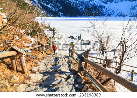 Morskie Oko Lake, POLAND - MARCH 14: Mountain shelter house in Tatra Mountains, Morskie Oko Lake, Poland on March 14, 2014.Tatra Mountains is very popular travel destination.