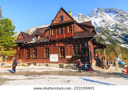 Morskie Oko Lake, POLAND - MARCH 14: Mountain shelter house in Tatra Mountains, Morskie Oko Lake, Poland on March 14, 2014.Tatra Mountains is very popular travel destination.