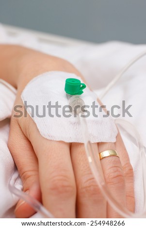 Close up of a iv drip in patient\'s hand