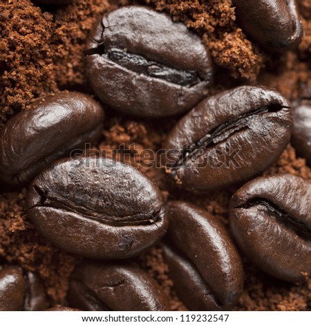 Closeup coffee beans at roasted coffee heap. Coffee bean on macro ground coffee background. Arabic roasting coffee - ingredient of hot beverage.