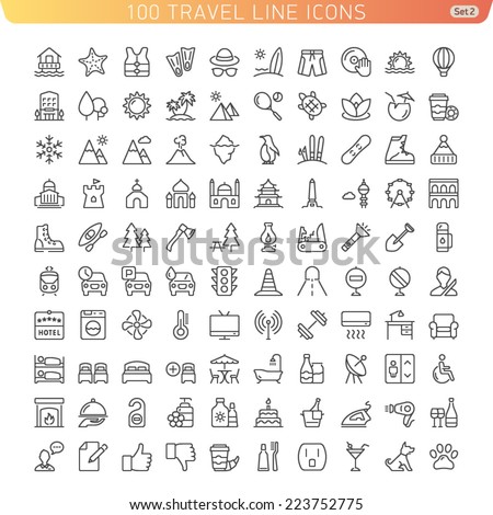 Travel Line Icons for Web and Mobile. Beach, Mountains and Hotel. Light version.