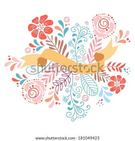 Flowers and leaves with ribbon for text. Romantic graphic elements.