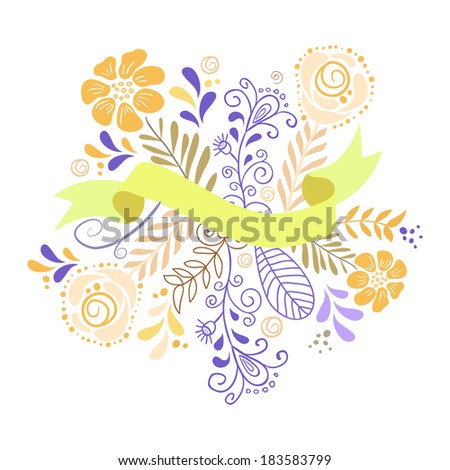 Flowers and leaves with ribbon for text. Romantic graphic elements.