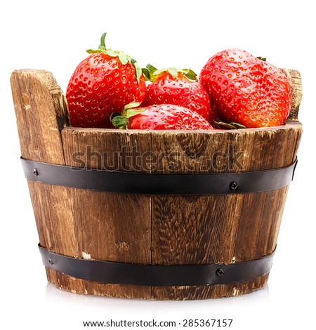 Strawberry wooden bucket Isolated on white background