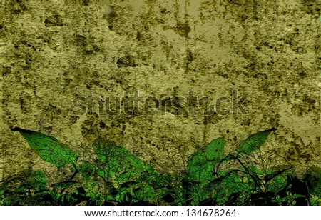 Grunge style background depicting a bunch of plants in front of a cracked brown concrete wall.