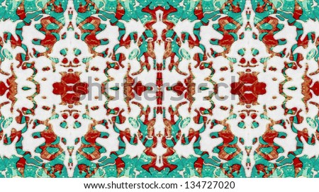 Digital pattern in red and cyan colors inspired by the ancient mediterranean culture.