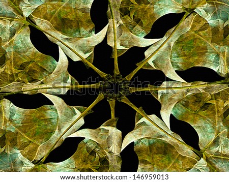 Digital photo manipulation collage with leaves in green, orange and black tones.