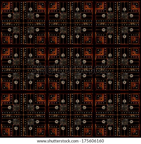 Electronic pattern motif background in orange and black tones.