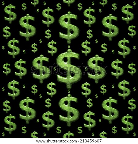 Dollar sign or money symbol pattern in grunge style in green tones against black background.