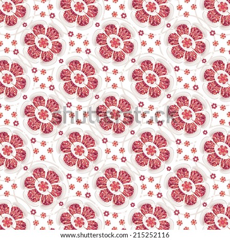 Ornament retro floral print geometric artistic pattern with in red and white colors.