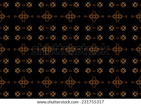 Luxury abstract arabesque pattern with ornate motifs in orange tones and black background.