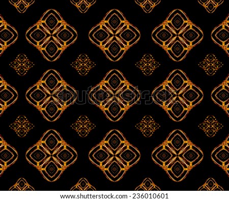 Luxury abstract arabesque pattern with ornate stars motifs in dull orange tones and black background.