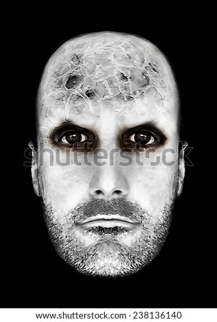 Digital art photo manipulated and collage technique monster vampire man portrait face with evil expression in black background.