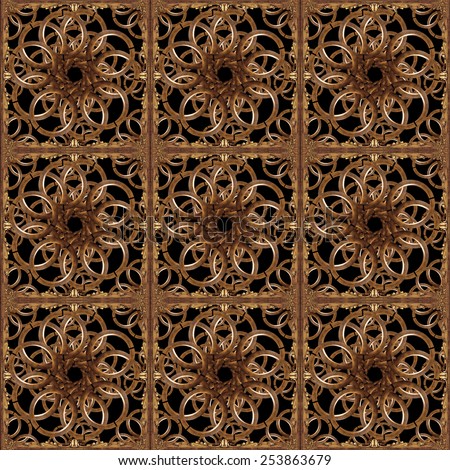 Digital art technique style abstract ornament decorative arabesque pattern in brown tones and black background.