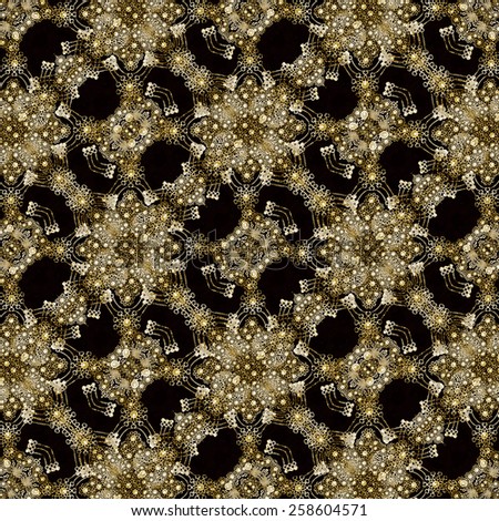 Decorative ornate baroque style with swirls graphic shapes motif pattern in gold colors and black background.