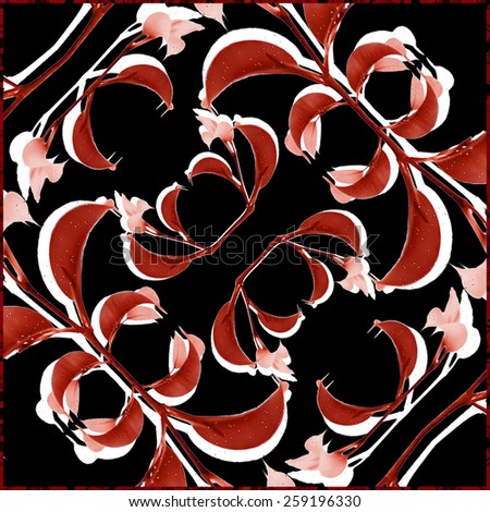Digital collage technique red floral motif art design in black background