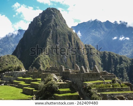 Aerial view of the most famous landmark of Cuzco in Peru, the ancient inca city of Machu Picchu.