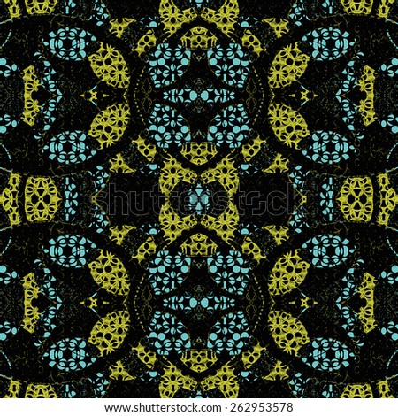 Ornament seamless pattern with swirls abstract shapes in yellow and turquoise motif in black background.