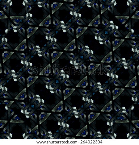 Digital geometric abstract modern seamless pattern in dark blue and silver tones in black background