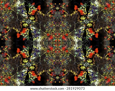 Digital manipulated style floral collage motif pattern in hot colors against black background.