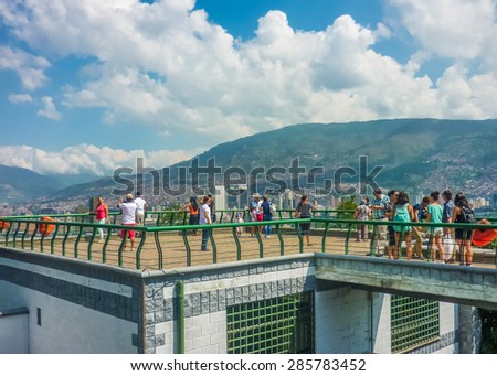 MEDELLIN, COLOMBIA, DECEMBER - 2014 - People at gazebo in the top of Nutibara hill in Pueblito paisa, a traditional colonial style small touristic village in the city of Medellin, Colombia.